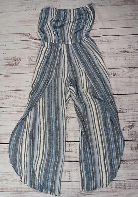 Anthropologie Drew Jumsuit Woman's Medium Blue Striped Linen Blend Wide Leg  - Image 1 of 4