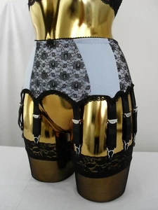 Medium-XL 14 Strap Blue Lycra Black Lace Designer Retro Burlesque Suspender Belt - Picture 1 of 9