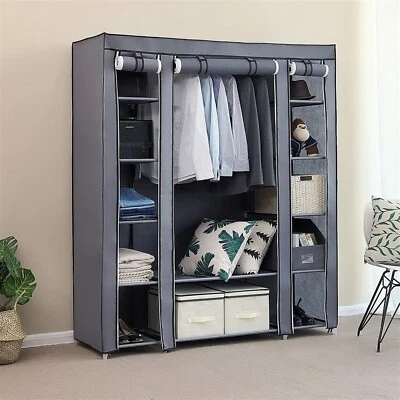 69" Portable Clothes Closet Wardrobe Storage Organizer Extra Strong Durable Grey - Image 1 of 4