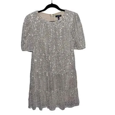 Mini Vestido de Fiesta Sin Palabras Lentejuelas Cambio Manga Corta Forrado Plateado Vacaciones M Foto 1 de 4