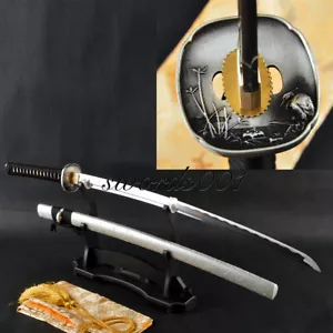 Silvery Saya Japanese Samurai Katana Real Sharp Carbon Steel Blade Egret Tsuba - Picture 1 of 12