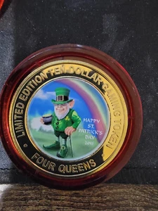 2012 FOUR QUEENS $10 RED Cap Silver Strike Leprechaun St. Patricks .999 - Picture 1 of 2