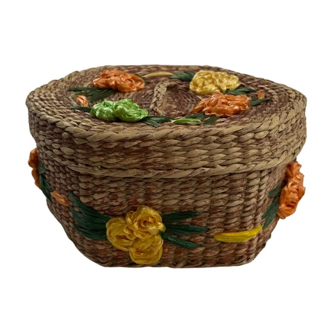 Vintage Small Basket Synthetic Straw Storage Basket w/ Lid  Brown Orange Green Cover