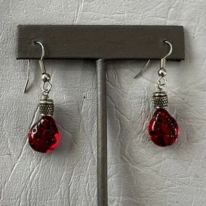 Vintage Ladybug Dangle Pierced Earrings Drop Red Stone Black Dots Silver Tone - Picture 1 of 7