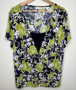 Top Susan Graver tejido líquido 1X Babydoll floral verde marino cuello en V manga corta - Imagen 1 de 4