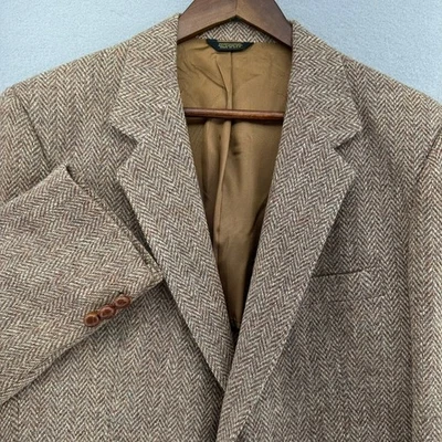 VTG Harris Tweed Blazer Jacket Brown Herringbone Wool Made USA 40L Austin Scott - Image 1 of 4