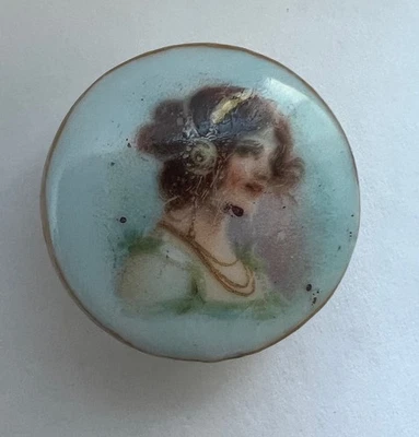 Antique Hand Painted LADY PORTRAIT Porcelain Stud Button BLUE~gold trim~7/8"~E23 - Image 1 of 3