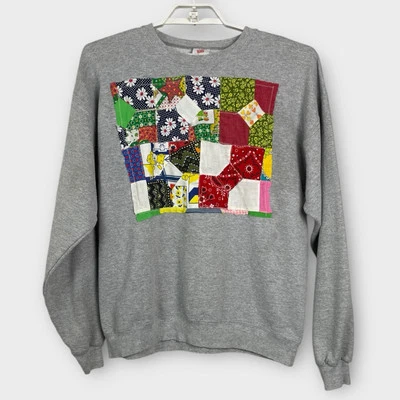 Upcycled Large Crewneck Sweatshirt Quilt Top Patch Applique Crazy Multicolored - Image 1 of 4
