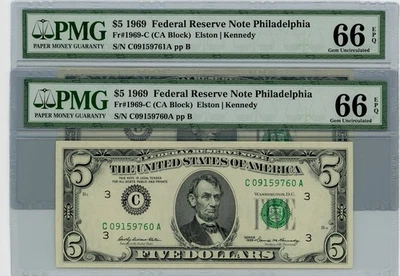 Fr. 1969-C $5 1969 2 Consec. Federal Reserve Note 66 EPQ PMG dc-2541 - Image 1 of 3