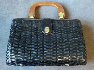 Vintage Handmade Black Wicker Rattan Purse Wood Handle 1950s British Hong Kong - Picture 1 of 11