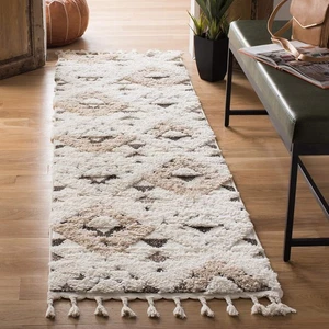 Moroccan Tassel Shag Runner Rug 2'3" x 6' Ivory Brown Boho Non-Shedding MTS688A - Picture 1 of 6