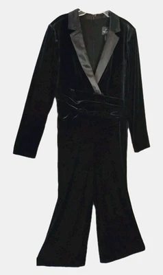 Mono de esmoquin de terciopelo negro Adrianna Papell para mujer 14 solapa de satén cintura acanalada Foto 1 de 4