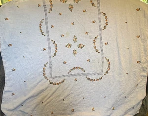 Vtg Tablecloth Floral Embroidered Lace 64 x 104 in with Stains - Picture 1 of 10