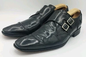 Jeffery West 'MUSE' Black Polish Leather SCARFACE Double Buckle Monk Shoes UK 8 - Picture 1 of 12