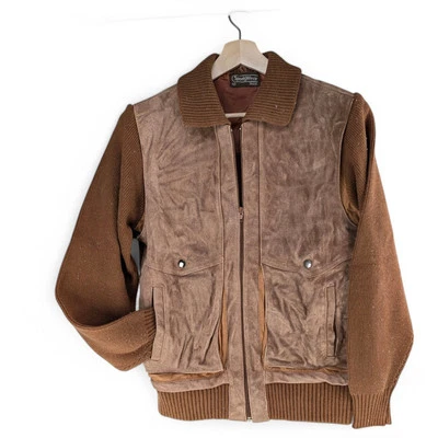 Vintage 70s SEARS Sportswear Mens Suede Leather Knit Sweater Jacket Size M Brown - Image 1 of 4