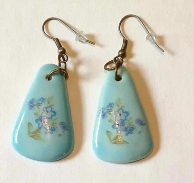 Pendientes colgantes de porcelana joyería de cerámica 1 1/2" azul claro pintado floral boho Foto 1 de 3