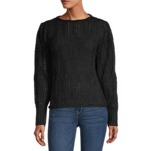 a.n.a Women’s Crew Neck Long Sleeve Pullover Pointelle Sweater Black Large NEW - Imagen 1 de 8