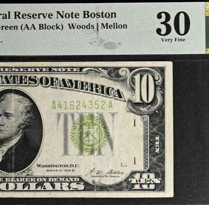 1928B $10 Federal Reserve Note PMG 30 - Light Green Seal - Boston - Fr 2002-Algs - Image 1 of 3