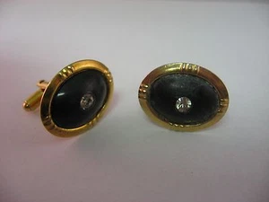 Vintage Mens Cufflinks Black w/ Clear Jewel Center ~ Obvious Wear ~ - Picture 1 of 6