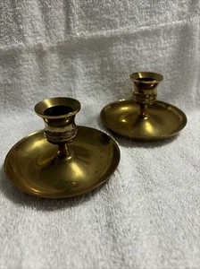 Brass Candle Holders Pair round base 2" Tall 4" saucer Shiny Tapers Candlesticks - Picture 1 of 4