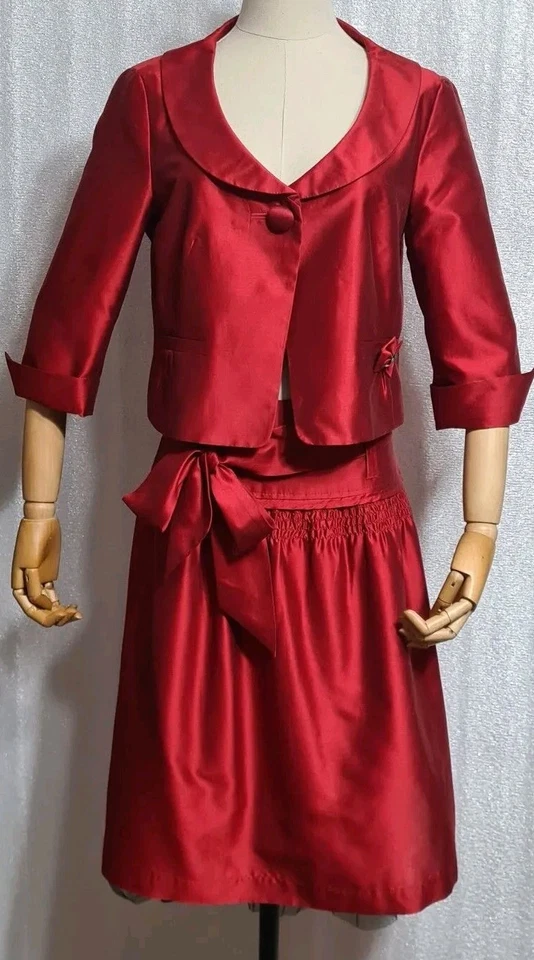 LAUREL РЕДКАЯ удивительный эксклюзивный красный одна кнопка куртка 38/юбка 34 хлопок/шелк - Изображение 1 из 4