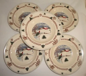 Tienshan Folkcraft Winterside Lot of 5 Rimmed Soup Bowls 9"  - Picture 1 of 4