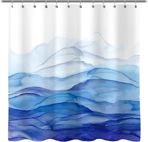 Ombre Blue Watercolor Textured Slubbed Fabric Shower Curtain, Abstract Ocean Wav - Picture 1 of 8