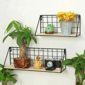 Iron Wooden Wall Hanging Shelf Flower Vase Holder Home Storage Rack Decor  - Picture 1 of 6