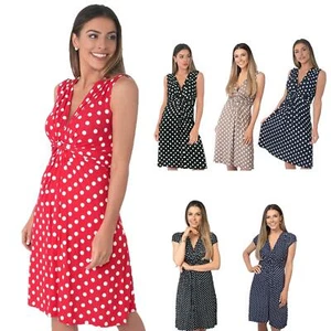 Womens Polka Dot Retro Dress Pleated Skirt Wrap Mini V Neck Top Swing Party - Picture 1 of 42