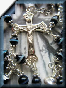 Rosary with Inlaid Opal Black Onyx Beads Hand-wrapped .925 Sterling Handcrafted+ - Picture 1 of 5