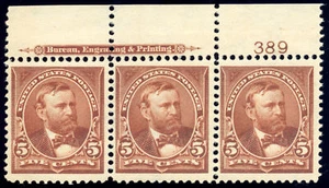 US 270 5c 1895 Ulysses S. Grant watermarked F-VF NH plate strip of 3 - Picture 1 of 2