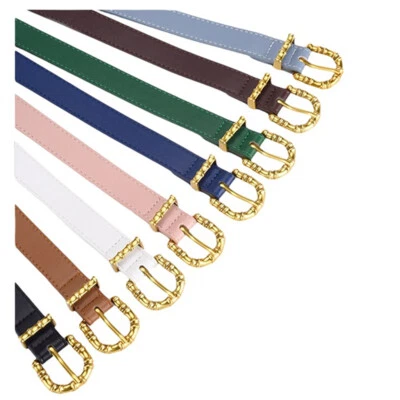 Women Solid Metal Round Buckle Faux Leather Narrow Belt Dress Jeans Waistband - Image 1 of 4