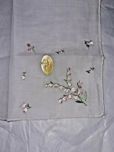 Vintage Hankie Handkerchief Cotton 4 corner pink lily valley Switzerland 10.5 - Picture 1 of 4