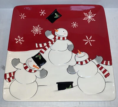 St. Nicholas Square TREE LOT 11.25" Square Dinner Plate Snowman Red & White - Image 1 of 2