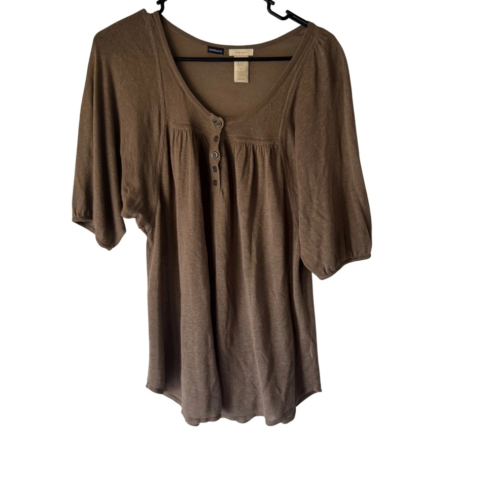GAP Y2k Vintage Linen Blend Henley Top 3/4 Sl Brown S Babydoll Feminine Academia - Image 1 of 4