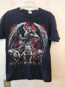 Vtg Y2K Grim Reaper Skull Pit Bull Cerberus Shirt Size Medium - Picture 1 of 3