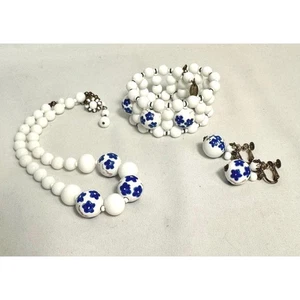 Miriam Haskell Necklace, bracelet &  earrings,  white beads hand painted floral - Picture 1 of 10