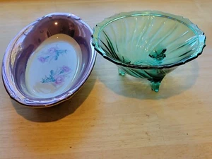 Jeannette Swirl Ultramarine Green 3 Footed Candy Dish Plus Norleans Japan Dish - Picture 1 of 11