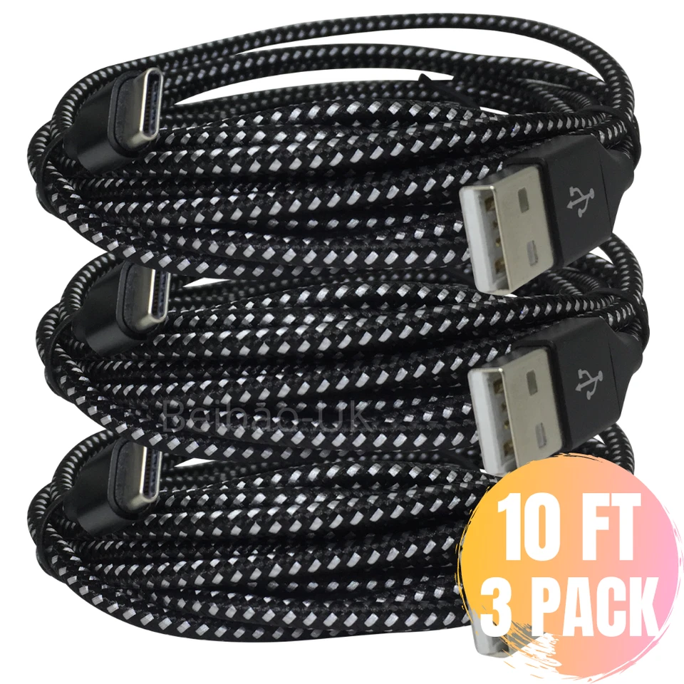 3 Pack USB Type C 10Ft Charger Cable For Samsung S10 S9 S20 Charging Data Cord - Image 1 of 4