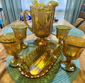 VTG iridescent Carnival Glass Indiana Harvest Grape Pitcher Set And Snack Tray - Picture 1 of 7