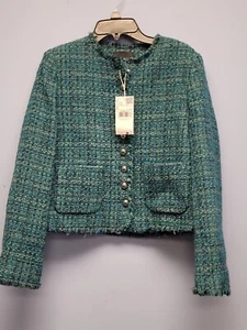 Mango Women's Pocket Tweed Jacket Petrol Blue Size Small Italian Fabric - Picture 1 of 6