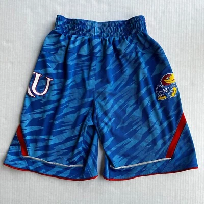 Kansas Jayhawks Basketball Team Shorts Adidas Mens M Blue Camo Hip Logos NCAA - Image 1 of 4