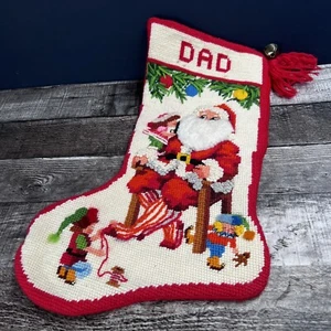 Vintage Needlepoint DAD Christmas Stocking Santa With Elves 16” - Picture 1 of 9