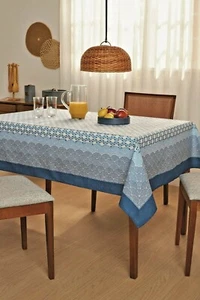Tovaglia stampata bianca e blu con bordo audace motivo onda - quadrata, rotonda - Foto 1 di 10