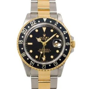 ROLEX GMT Master II Date 16713 Serial N 750 YG Black Dial Mens Watch 90252378 - Picture 1 of 7