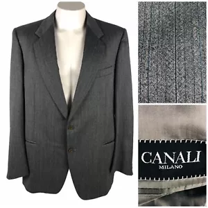 Canali Mens 46 56 Long Blazer Gray Herringbone Striped 100% Wool 2 Button Italy - Picture 1 of 12