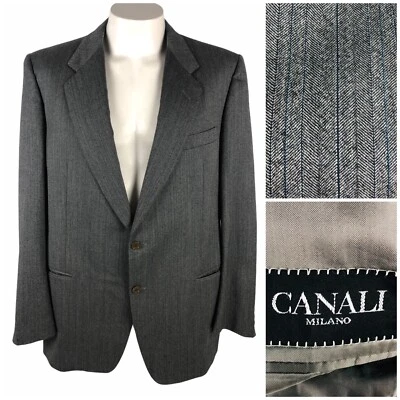 Canali Mens 46 56 Long Blazer Gray Herringbone Striped 100% Wool 2 Button Italy - Image 1 of 4