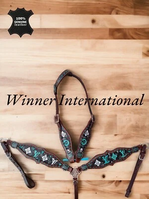 Western Horse Leather Tack Set | Turquoise With White Tack Set - Image 1 of 4