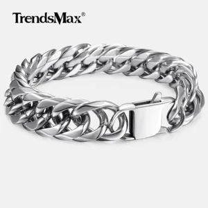 15mm 7-11" Mens 316L Stainless Steel Silver Curb Cuban Link Rombo Chain Bracelet - Picture 1 of 13