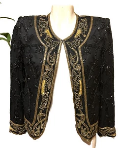 Vintage Brillante JA Formal Embellish Metallic Bling Silk Cardigan Jacket S 112 - Picture 1 of 5